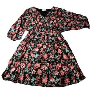 Emily Wonder Dress M Black Floral Boho V Neck 3/4 Sleeve Fit Flare Lined praire